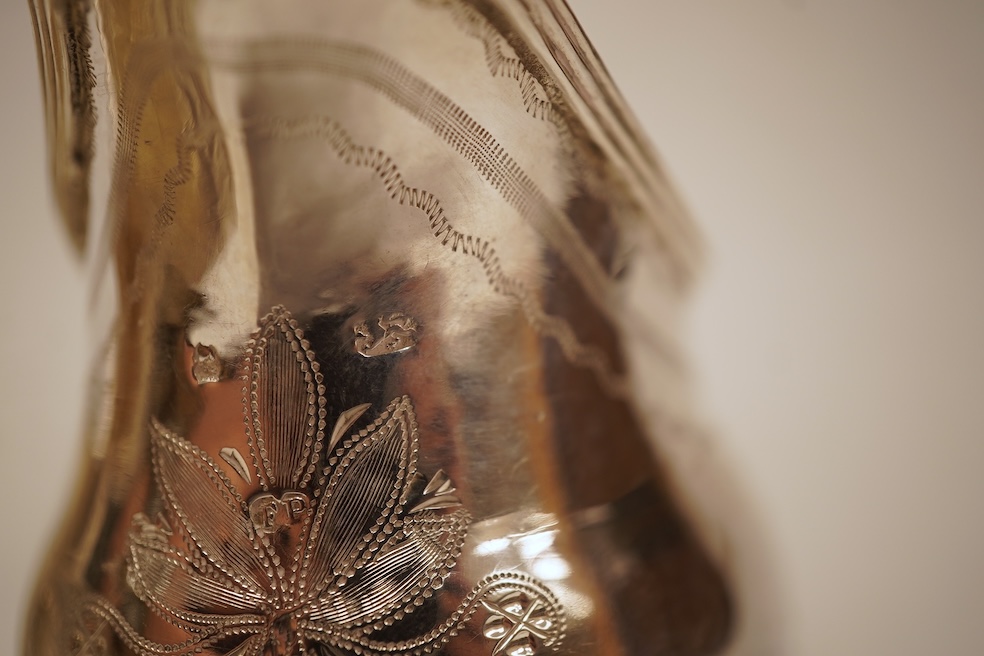 A George III silver helmet shaped cream jug, marks rubbed, 10cm(a.f.), together with a later Victorian silver sugar bowl and similar pierced silver mustard pot, no liner.